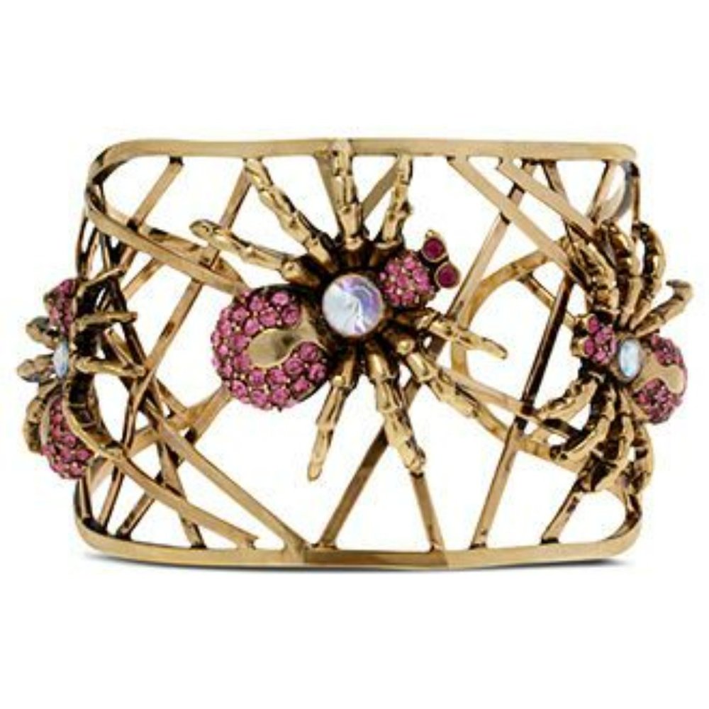 Betsey Johnson Antiqued Gold Tone Pink AB Crystal Spider Cuff Bracelet 2" wide